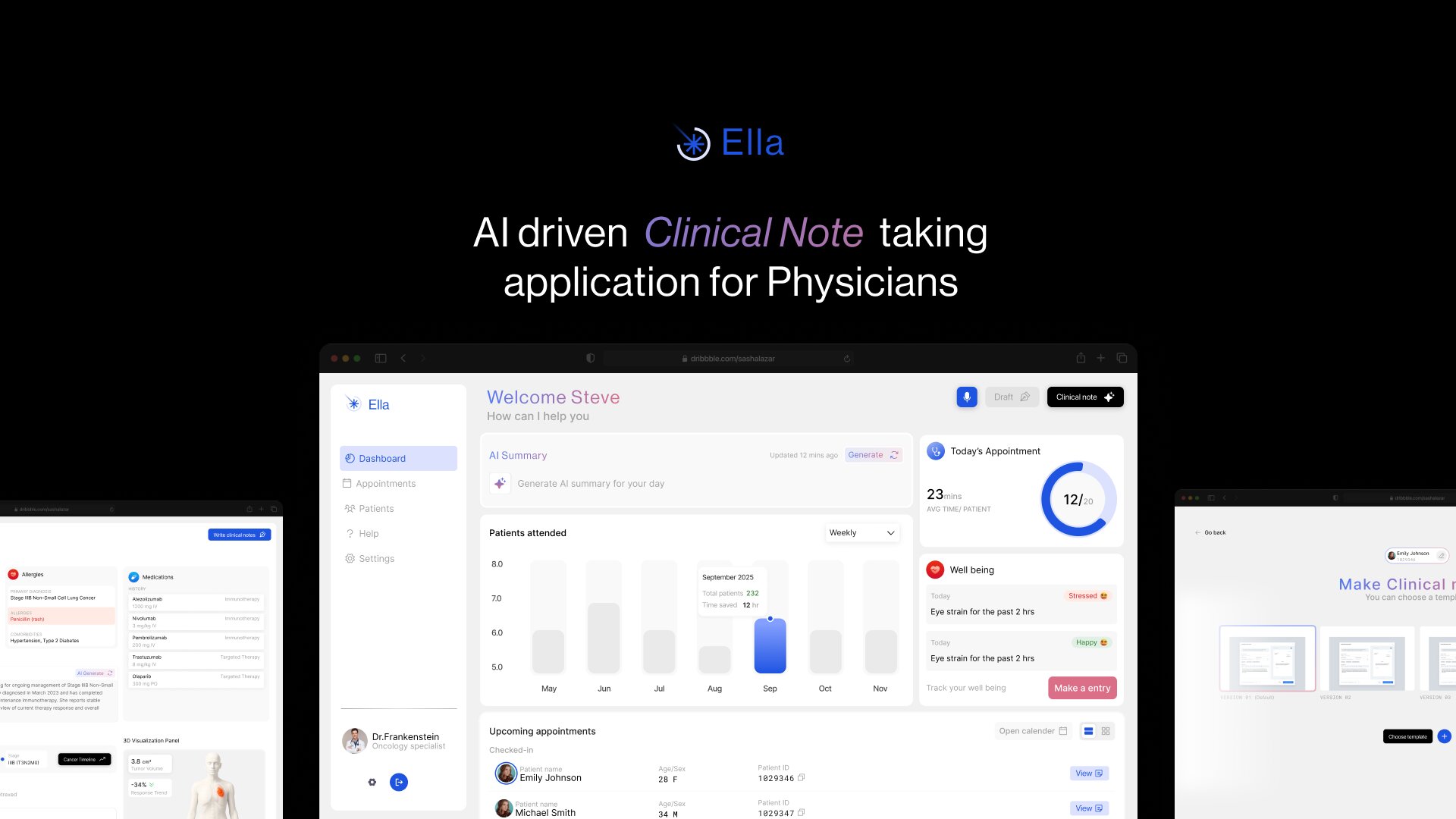 Ella dashboard — AI clinical documentation system