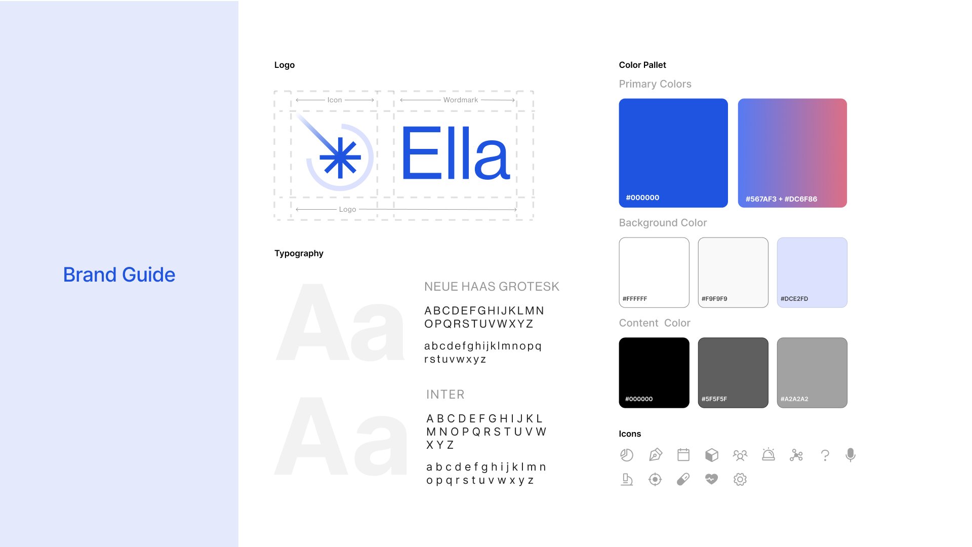 Brand guide — colors, typography, icons